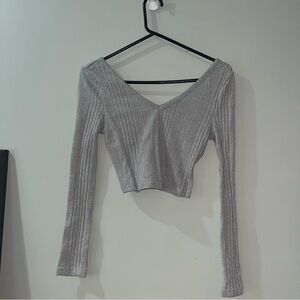 Gray Ribbed V-Neck Women's Top